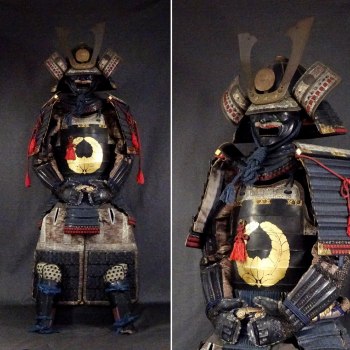 Exquisite Modern Armor: Iron Black Lacquered Kabuto with Silver Stripes, Gold Leaf Paulownia Family Crest, and Blue Silk Lacing Complete Armor Set
